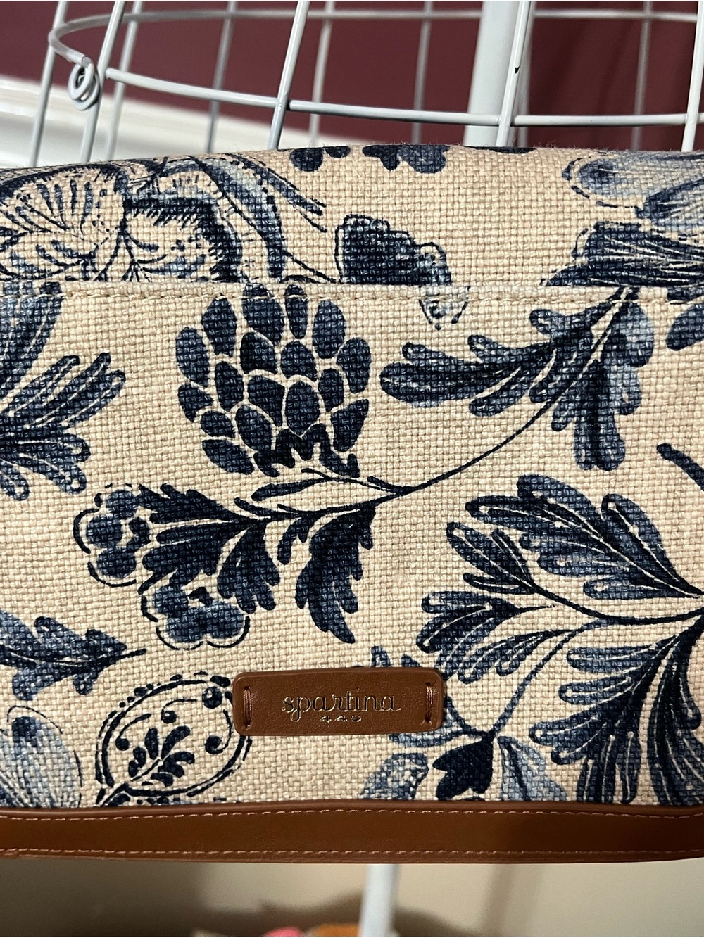 Spartina 449 Navy Blue Floral Canvas Shoulder Bag with Brown Trim